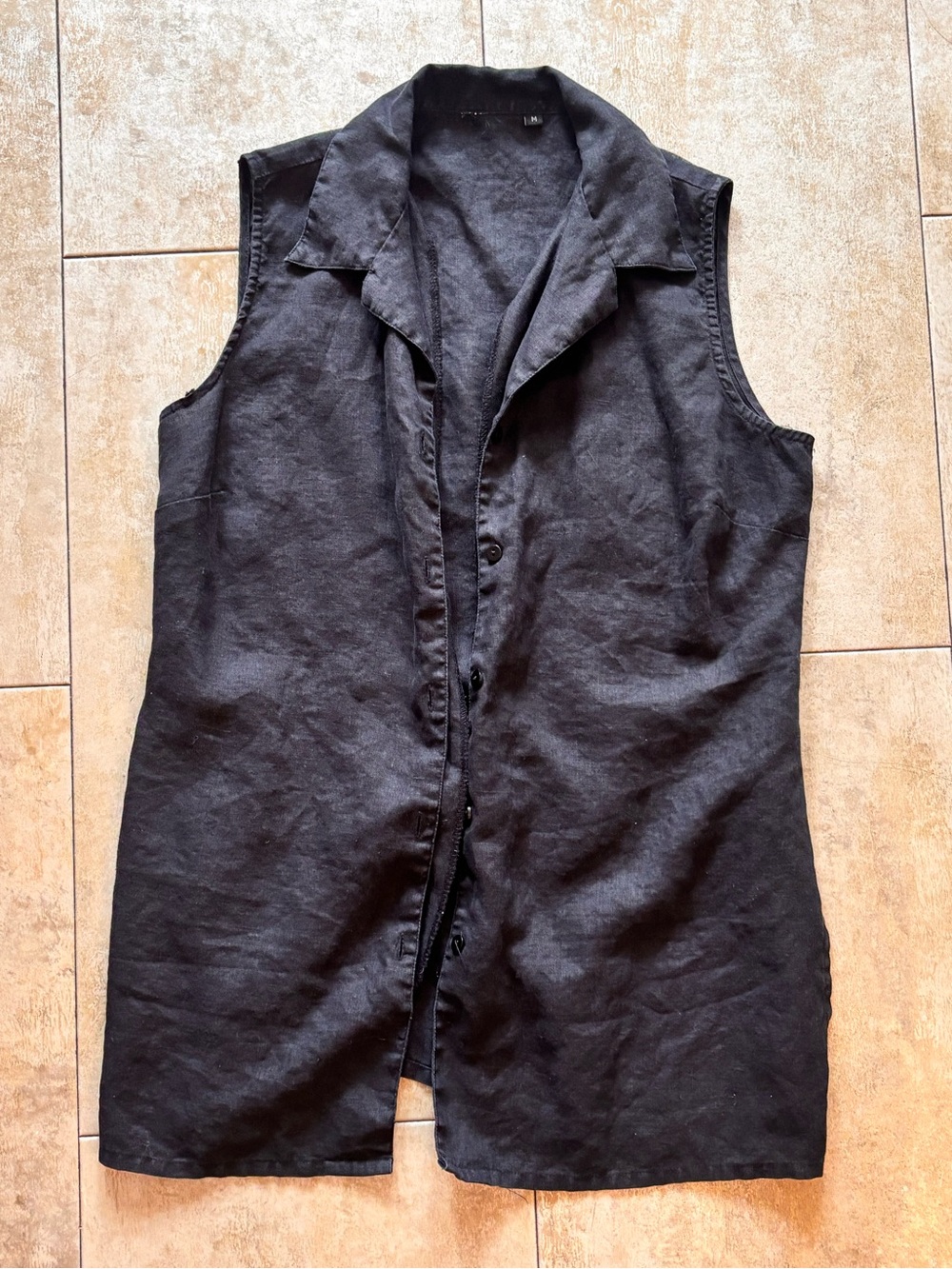 100% Linen Black Sleeveless Button-Front Vest Top Size Medium